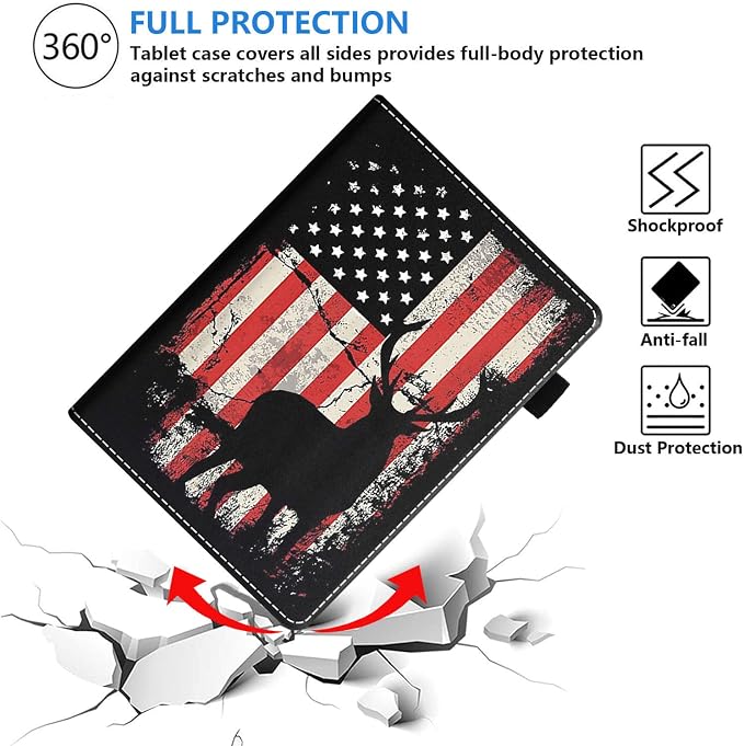 Case for Amazon Kindle Fire HD 10 &amp Fire HD 10 Plus Tablet (11th Generation 2021 Release) Premium PU Leather Stand Cover with Smart Auto Wake American Flag Deer