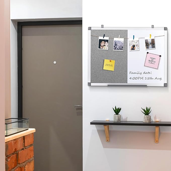 S SWANCROWN 2 in 1 Combo Board Magnetic Whiteboard & Felt Board,Dry Erase Board Bulletin Board Vision Board for Wall,Home,School,Office,24x18inches