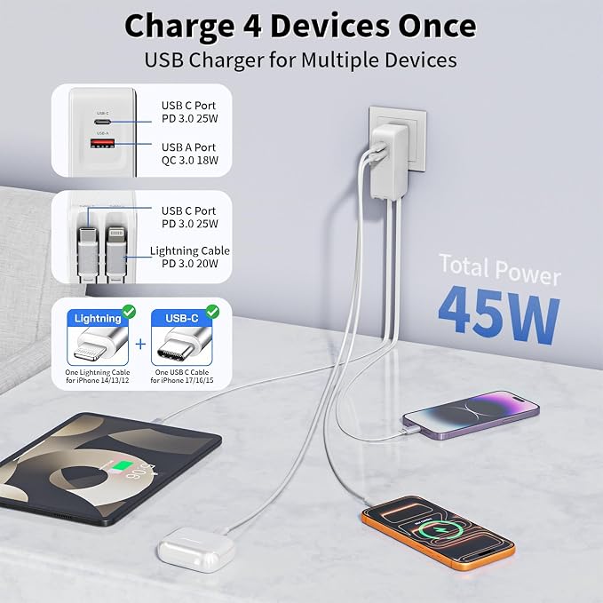 Retractable iPhone Charger45W 4 in 1 Retractable Phone Charger Wall Plug with USB C and Lightning Cable Fast Charging Block with Dual Port(USB C+USB A) for iPhone 17/Air/16/15/14/13iPadGalaxy S26