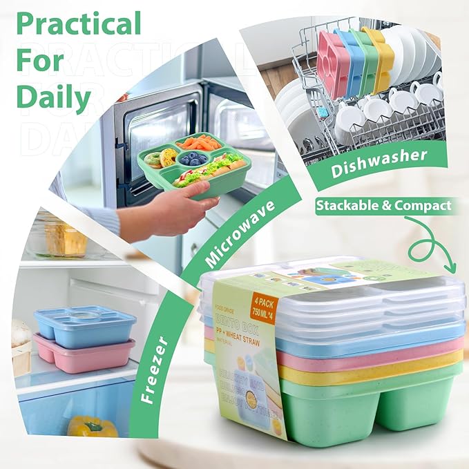 Bento Snack Box Containers for Adults Kids, 4 Pack Lunchable Meal Prep Containers Reusable, Stackable Bento Lunch Box, Food Storage Prep Containers with Lids and 4 Sauce Cups, Pastel Color, Clear Lid