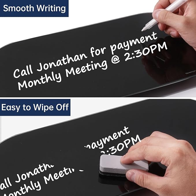 TSJ OFFICE Glass Desktop Whiteboard - 17 X 7 Inches Small Dry Erase Board with Blue Light, Glass White Board Surface Notepad with 1 Drawer, Desk Organizers for Office, Home, School Supplies (Black)