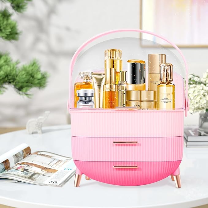 MASSY Egg Shape(Oval) Makeup Storage Box, Countertop Portable Vanity Cosmetics Organizer Preppy