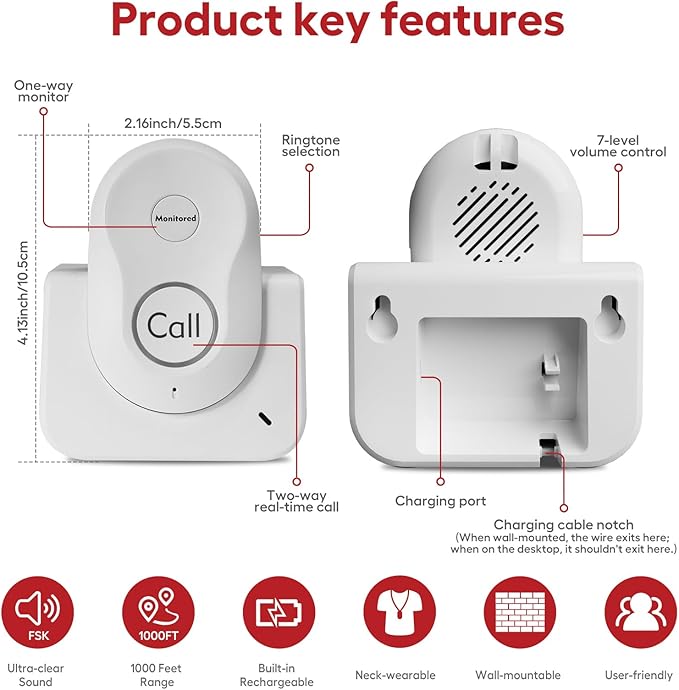 Hosmart Intercoms Wireless for Home, 2024 New Rechargeable Full Duplex Caregiver Pager for Elderly Senior, Two-Way Real-time Talk, Portable Personal Alert, Call/Monitor Button for Home Safety