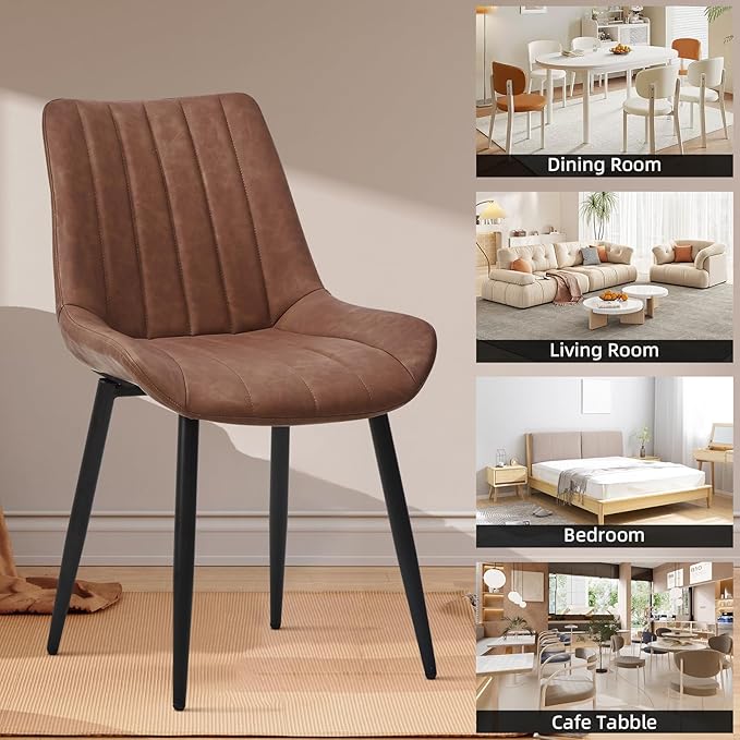 Dining Chairs Set of 4, Faux Leather Modern Linear Design Dining Chair with Metal Legs, 16.9" Seat Width Chair for Kitchen, Lounge, Reception Room, Restaurant, Commercial (Brown)