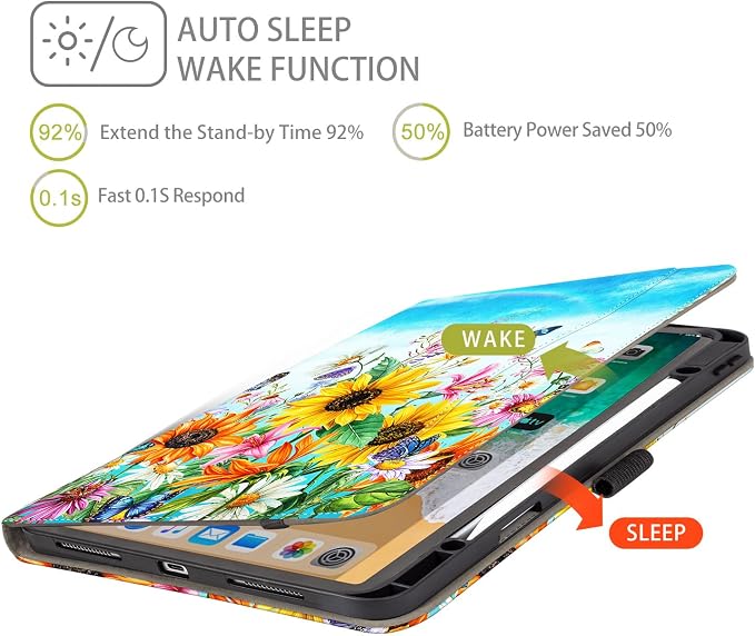 Case for iPad Air 13-inch M4/M3/M2 iPad Pro 12.9 6th/5th/4th/3rd Generation Case with Pencil Holder Multi-Angle Adjustable Stand Shockproof Pocket/Hand Strap/Auto Wake Sleep Sunflowers Butterfly