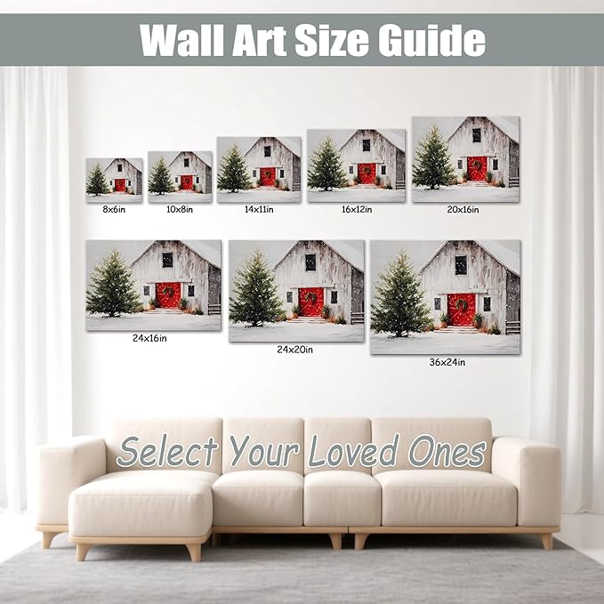 Vintage White Barn & Snowy Tree Winter Landscape Canvas Wall Art - Farmhouse Christmas Framed Canvas Prints, Rustic Christmas Wall Decor for Living Room, Cozy Christmas Gifts & Festive Decorations