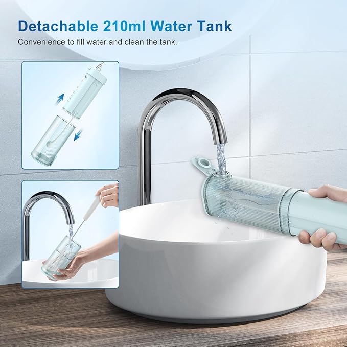 JNGOODS Mini Portable Water Flosser Oral Irrigator Water Teeth Cleaner Pick, Telescopic Water Tank, 4 Modes & IPX7 Waterproof, Home & Travel Water Flossers for Teeth, Braces Bridges Care. (Pearl Blue)