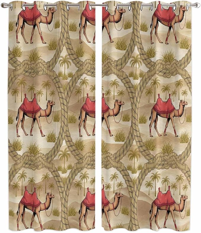 2 Panel Kitchen Cafe Curtains, Desert Camels Sunlight Filtering Nature Air