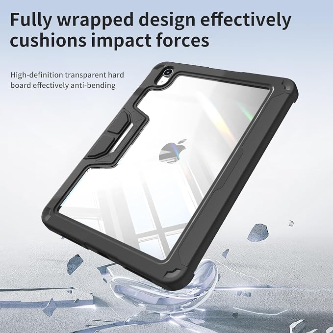 Case for iPad (A16) 11th Gen 11'' 2025/iPad 10th Gen 10.9'' 2022 | Shockproof Protective Cover with Pencil Holder Multi-Angle Stand Clear Back Support Touch ID &amp Auto Sleep/Wake (Black)