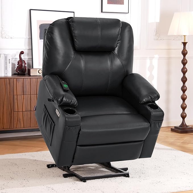 MCombo Extra Wide Power Lift Recliner Chair for Elderly, Lift Chair with Heat and Massage for Big People, USB&Type C Ports, Cup Holders, Faux Leather R7045 (Black, Medium-Wide)
