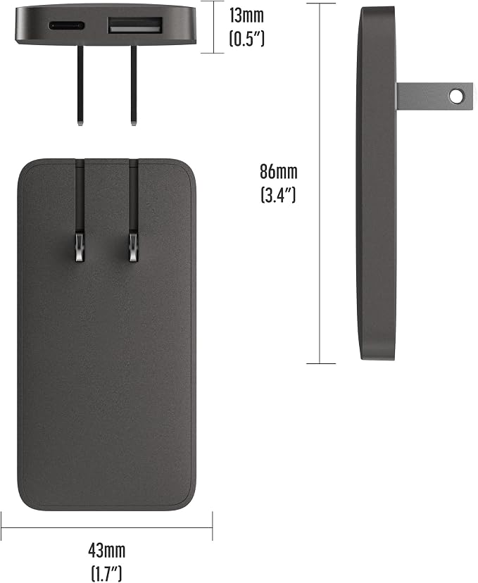 USB-C Flat Wall Chargers (2-Pack) Ultra Slim Fast Charging Multi-Port Power Adapters for iPhone and Android/Samsung Phones 20W Outlet Plug (USB Type-C/USB-A) Black