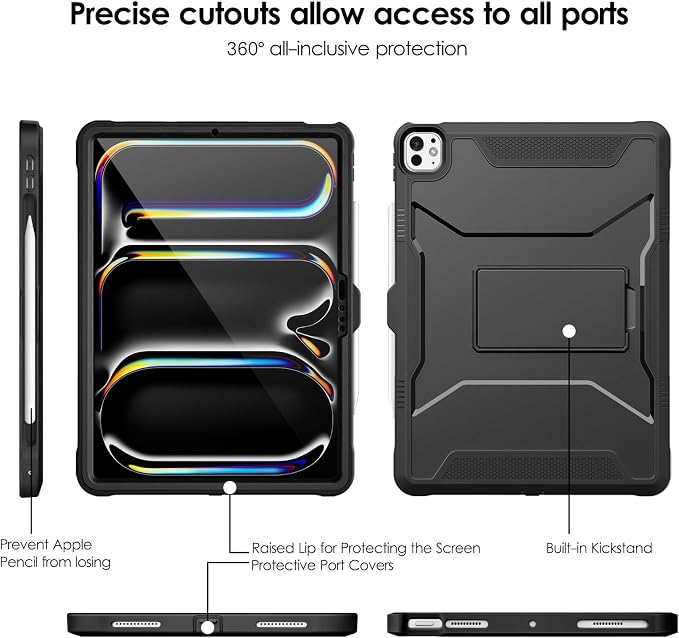 DTTO for iPad Pro 11 Inch Case (M5) 2025 / (M4) 2024 Black | Durable Shockproof Protective Cover Built-in Screen Protector &amp Kickstand Corner Protection