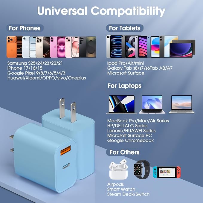 iPhone 17/16/15 Pro/Pro Max Charger Dual Port USB-C Wall Charger with PD 40W &amp QC 20W Fast Charging 10FT USB-C Cable for iPhone iPad Pro MacBook M1/M2/M3 Android Blue