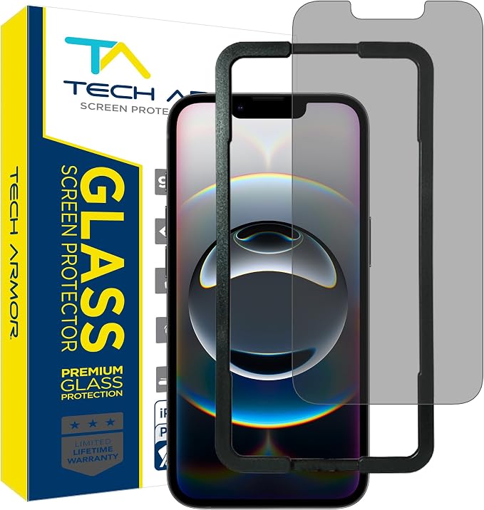 Tech Armor Privacy Glass for iPhone 16e 14 13 Pro Screen Protector 1 Pack | Ballistic Anti-spy protection 9H tempered Hard bubble-free install case-friendly Face ID compatible oleophobic coati
