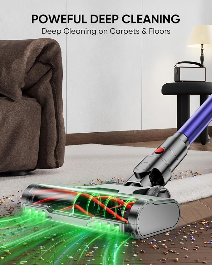 DIFFULL Cordless Vacuum Cleaner, 650W 55KPA 70Mins Vacuum Cleaners for Home, Stick Vacuum with 1.8L Cup, Anti-Tangle, 8-Stage Filter System, Green Light for Pet Hair, Carpet, Floor