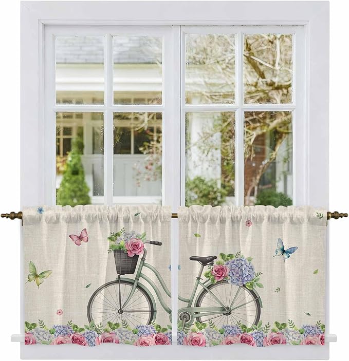 Farmhouse Spring Tier Curtains, Retro Bicycles Flowers Vines Butterfly Light