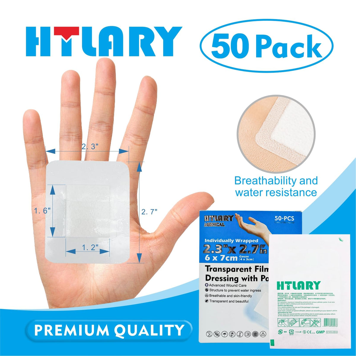 HTLARY Waterproof Transparent Film Dressing with Absorbent Pad 50-Pack Sterile Adhesive Bandages Post-Surgical Wound Cover, Protective Barrier for Sensitive Skin (2.3‘’x2.7‘’)
