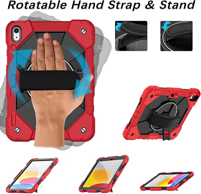 Weuiean Case for iPad A16 11th/10th Generation 11/10.9 Military-Grade Heavy-Duty Shockproof Cover with 360° Rotating Stand Built-in Pencil Holder &amp Adjustable Hand/Shoulder Strap - Black