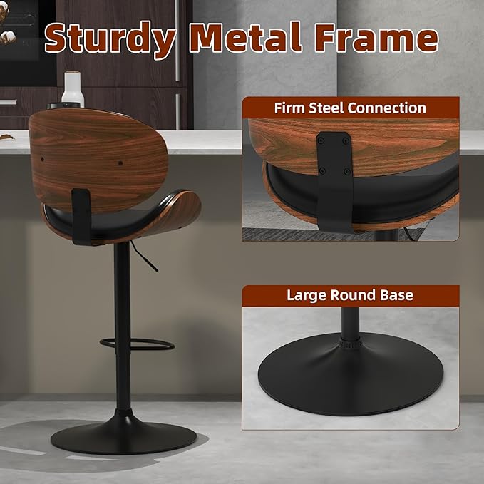 civama Bar Stools 1 PC for Kitchen Counter, Adjustable Bar Height Chairs, Modern Swivel Barstools with Bentwood Seat and Back with Footrest for Kitchen Island, Dining Room, Black PU Leather