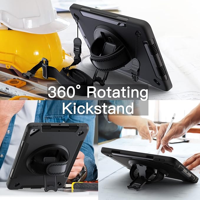 JETech Rugged Case for iPad 9th/8th/7th Gen 10.2 Black | Built-in Screen Protector 360° Rotating Hand Strap Stand Heavy Duty Shockproof Protection