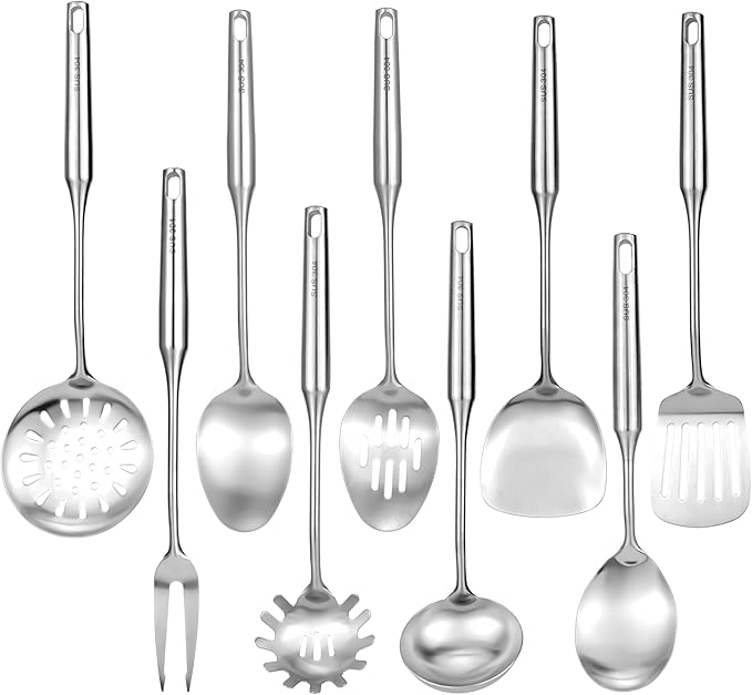 18/10 Stainless Steel Cooking Utensils Set 9 Pack Metal Kitchen Utensil, Spatula, Serving Soup spoon, Leaking shovel, Ladle, Tunner, Pasta Server, Meat Fork Kitchen Tools Set