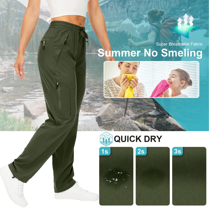 Womens Hiking Pants Quick Dry UPF 50 Lightweight Travel Golf Cargo Safari Pants Zipper Pockets,6608,Army,Petite L