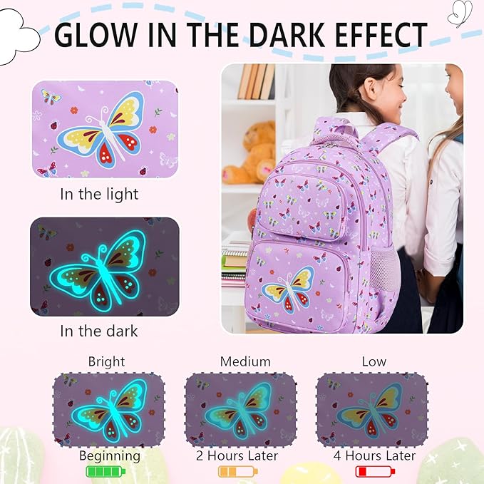 Girls Backpack with Lunch Box Glow in Dark Butterfly Bookbag Teens Ages 4-12 Kindergarten Elementary Middle School Butterfly Backpack, Luminous Butterfly Purple