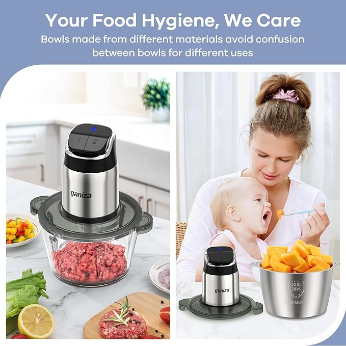 Ganiza Food Processor with Dual Bowls, 2-Speed Food Chopper & Meat Grinder