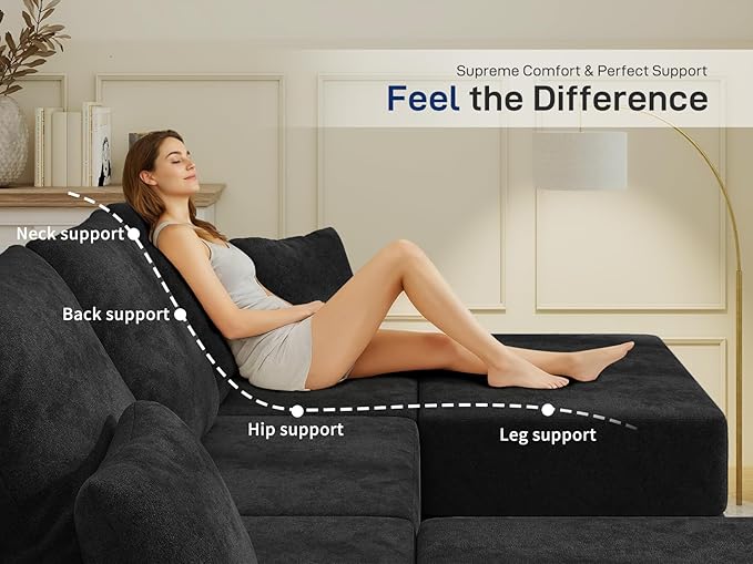 Living&Giving 128" U-Shaped Cloud Sectional Couch for Living Room, Cloud Boneless Couch-No Assembly with Reversible Chaise, Customizable 4-Seat Modular Sectional Sofa with 3 Ottoman, Black