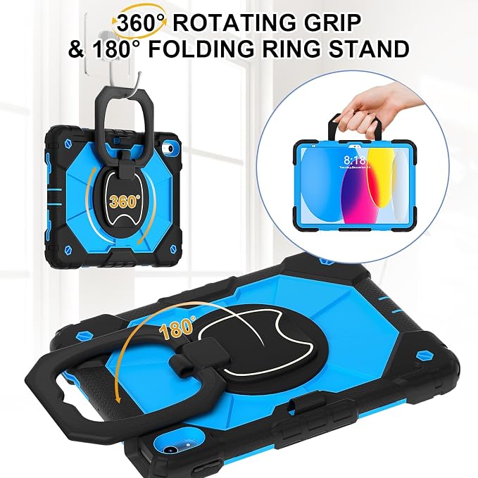 Case for iPad (A16) 11th/10th Gen 11''/10.9'' 2025/2022 with 360° Rotating Stand Screen Protector Shoulder Strap &amp Pencil Holder﻿ (Black-Blue)