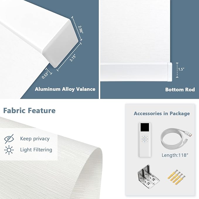COOLWINDS Motorized Blinds with Remote Cordless Automatic Motorized Shades Custom Blinds for Windows Smart Curtains Compatible with Alexa Google Home(Light Filtering Cloud White,W39 x H72in)