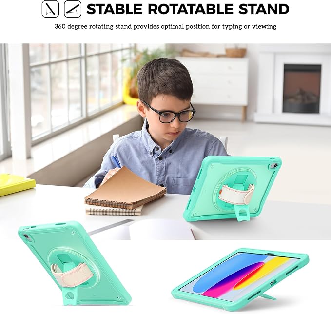 ProCase Rugged Case for iPad A16 11th Gen 2025/iPad 10th Gen 2022 -Black | Heavy Duty Shockproof Rugged Kids Cover with Hand Strap 360 Degree Rotatable Kickstand Protective for iPad 11/10