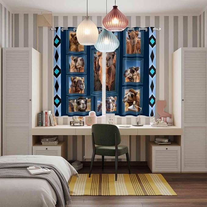 2 Panel Kitchen Cafe Curtains, Desert Camels Sunlight Filtering Nature Air