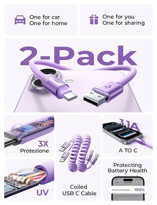LISEN Chubby Cable Coiled Cable 2 Pack Car Play Cord | for Android Auto Short USB A to USB C Cable for iPhone 17/16/15 Samsung Galaxy S25/S24 A15/A14 Google Pixel 9/8 Blue 4FT