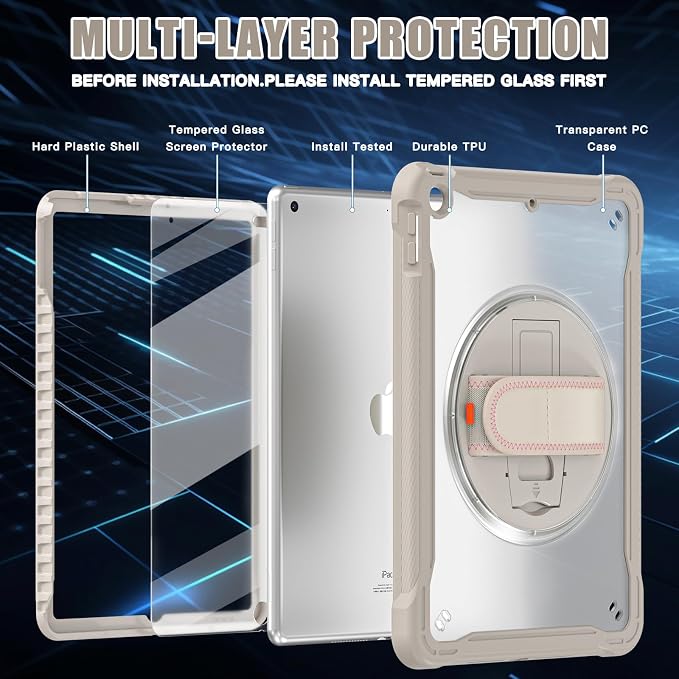 BLOSOMEET Clear Case for iPad 9th/8th/7th Generation 2021/2020/2019 10.2 Inch with Tempered Glass Screen Protector &amp Pencil HolderDrop-Proof iPad 10.2 Case w/Stand Hand Shoulder StrapBlack