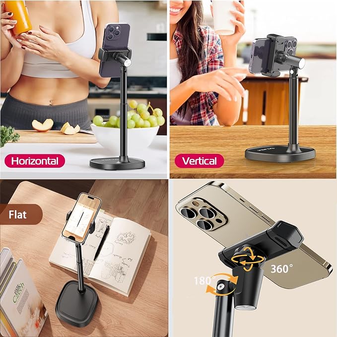 Phone Stand for Desk Angle Height Adjustable Phone Holder for Desk Universal iPhone Holder Retractable Cell Phone Stand Recording