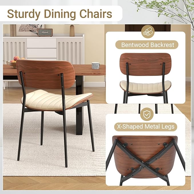 Mid Century Modern Dining Chairs Set of 2,Upholstered Faux Leather Kitchen Chairs with Walnut Bentwood Back and Metal Legs for Kitchen Dining Room Living Room, Beige