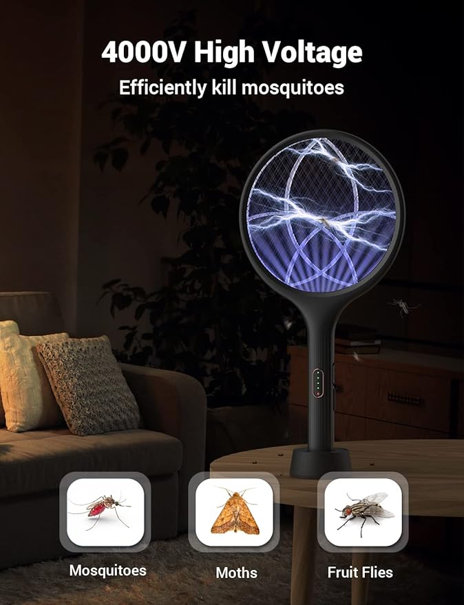YISSVIC Electric Fly Swatter Bug Zapper Racket 4000V LED Screen Dual Modes Fly Zapper Rechargeable for Indoor Home Office Backyard Patio Camping (Black-2 Pack)