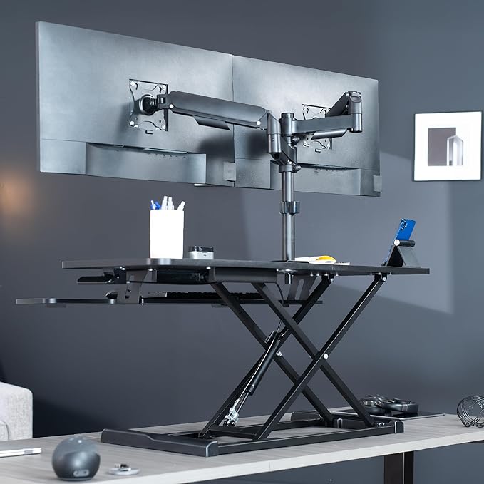 VIVO 42 inch Standing Desk Converter with Dual Monitor Mount for up to 32 inch Screens, Height Adjustable Riser with Mechanical Spring Arms, Black, DESK-KIT-042K2K
