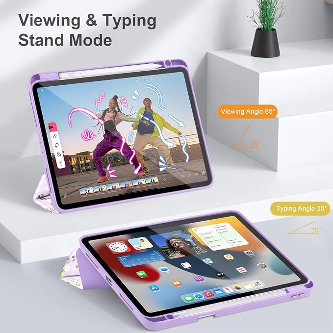 Case for iPad 12.9 Inch (6th/5th/4th/3rd Generation 2022/2021/2020/2018) Pencel Holder + Trifold Support Auto Sleep/Wake Transparent Shockproof Back Cover Abstract Floral SD163