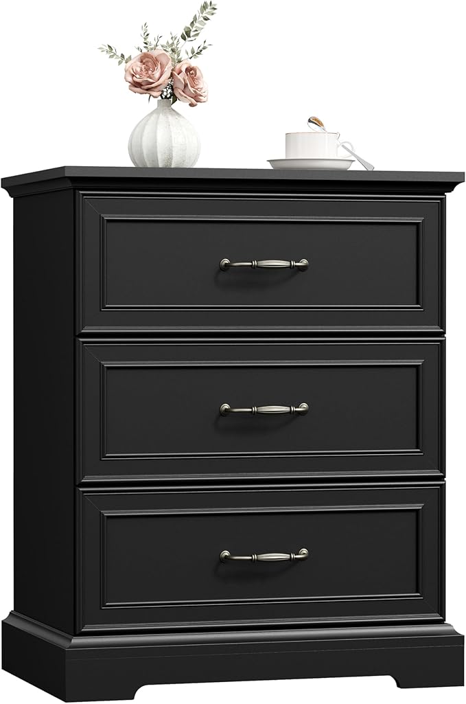 Nightstand Set of 2,24" Wide End Table with 3 Large Drawers & Metal Handles,Rustic Farmhouse Wood Small Dresser,Bedside Table,Modern Chest of Drawers for Bedroom,Living Room,Black