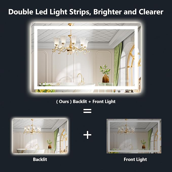 YEELAIT 48x30 Inch LED Bathroom Mirror with Lights Front and Backlit Lighted Vanity Mirror for Bathroom Wall with 3 Colors Dimmable Anti-Fog Memory Shatter-Proof IP54 Waterproof Horizontal/Vertical