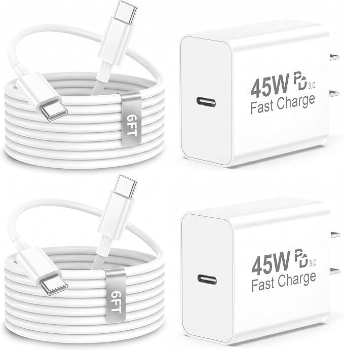 45W USB C Super Fast Charger Block 2Pcak with 6FT Long USB C Charging Cable | PD 3.0 Wall Charger Block with 6Ft USB C Cable Super Fast Charging for iPhone 17/16/15/Air GalaxyiPad Pro