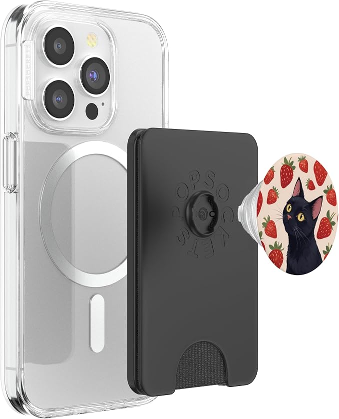Beige Red Strawberry Black Cat Illustration Print PopSockets PopGrip for MagSafe