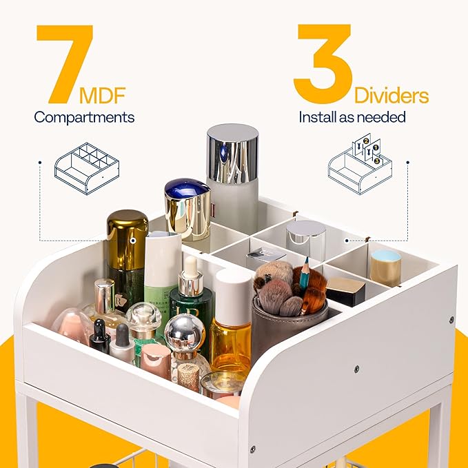 VIVOHOME Makeup Organizer with Drawers, Cosmetics Display Cases, 2 Shelves Floor Skincare Organizer Cart, Vanity Organizer Holder for Perfumes, Nail Polish, Hair Tools, Bags, Gift for Mom, White