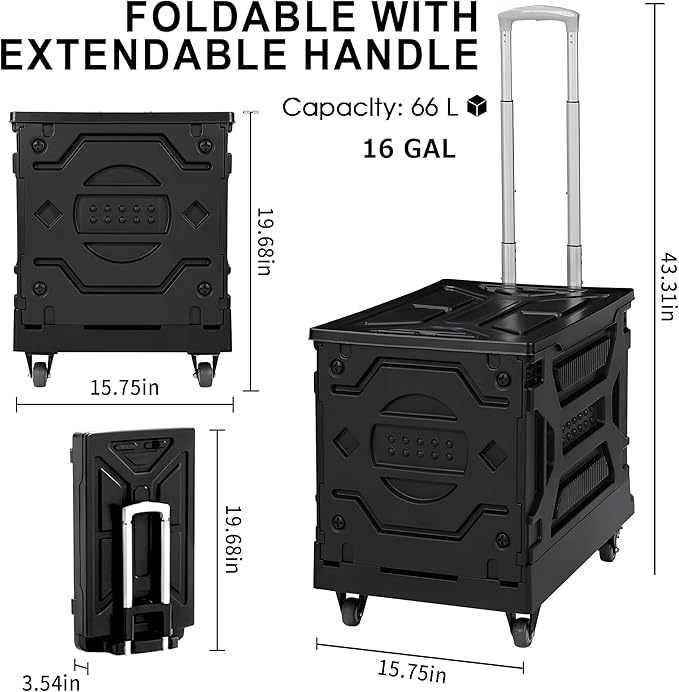 VECELO Foldable Utility Cart with Wheels - Heavy Duty Collapsible Rolling Cart for Shopping, Travel, Office & Home - Portable Luggage Cart with Telescoping Handle, Black