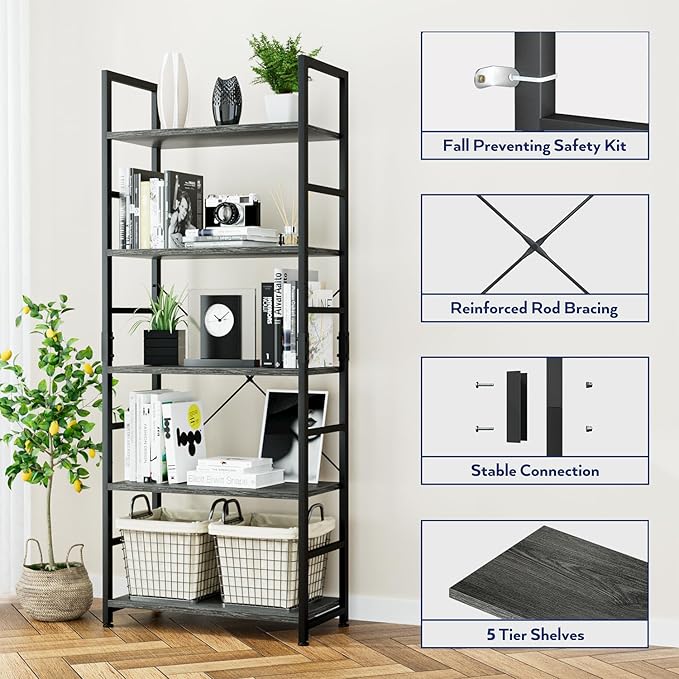 NUMENN 5 Tier Bookshelf, Tall Bookcase Shelf Storage Organizer, Modern Book Shelf for Bedroom, Living Room and Home Office, Dark Grey