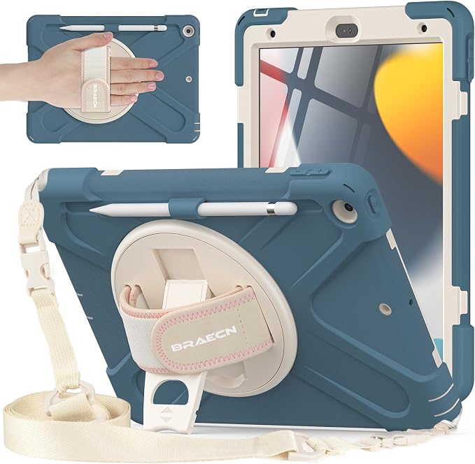 BRAECNstock Shockproof Case for iPad 9th/8th/7th Gen 10.2 Blue | All-in-1 Case Hand Strap &amp Stand Shoulder Straps Pencil Holder Screen Protector – For Office Commute &amp Presentation