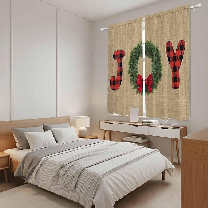 Red Green Christmas Window Curtains 63 Inch Long 2 Panel Set, Rod Pocket