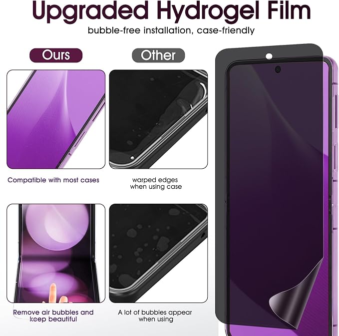 2 Sets Privacy Screen Protector for Samsung Galaxy Z Flip 5 6.7 | Inside Flexible TPU Hydrogel Film + Front Anti-Spy Tempered Glass Screen Protector Anti Scratch Self-Healing Case Friendly